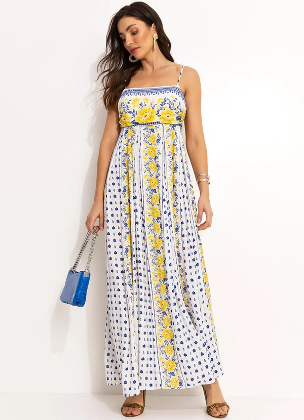 Farm - Vestido Longo Pregas em Viscose Off White 3