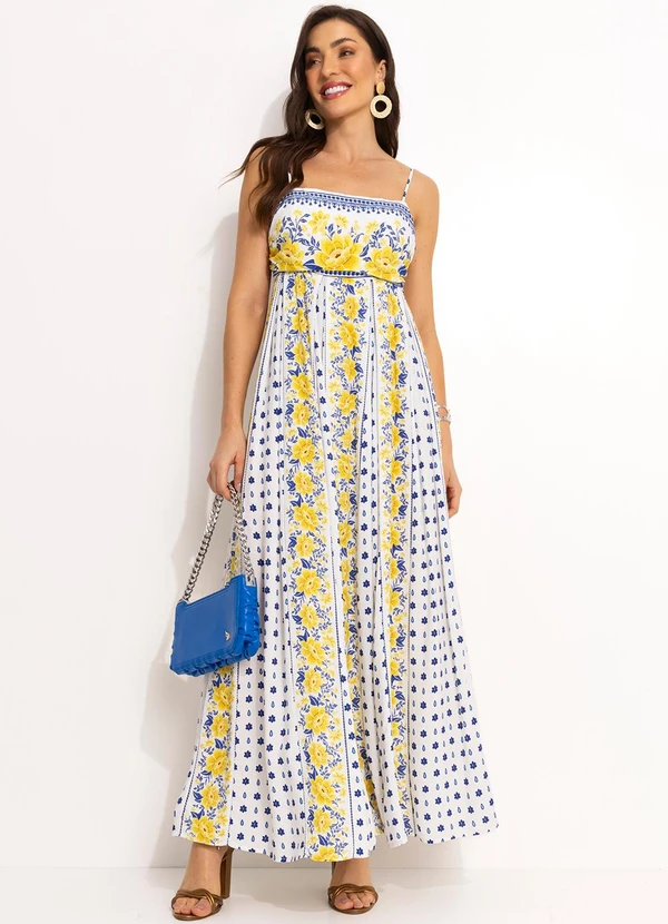 Farm - Vestido Longo Pregas em Viscose Off White 4