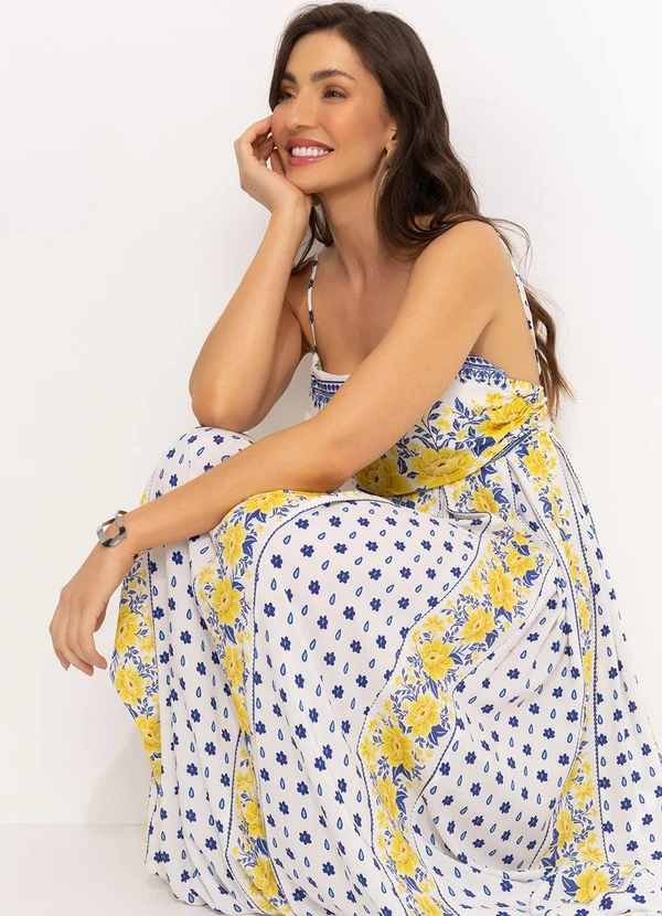 Farm - Vestido Longo Pregas em Viscose Off White 6