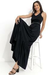 Vestido Longo Preto com Recortes na Saia