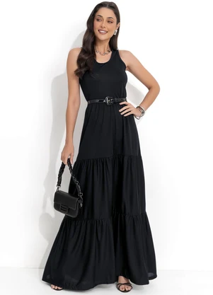 Moda Pop - Vestido Longo Preto com Recortes na Saia - MODA POP