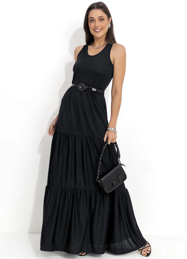 Moda Pop - Vestido Longo Preto com Recortes na Saia 3