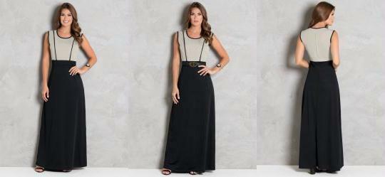 Vestido Longo Preto e Bege Moda Evanglica
