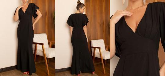 Vestido Longo Preto em Tecido Plano Texturizado