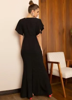 Quintess - Vestido Longo Preto em Tecido Plano Texturizado - QUINTESS