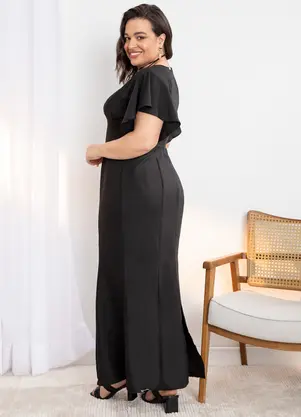 Quintess - Vestido Longo Preto em Tecido Plano Texturizado - QUINTESS