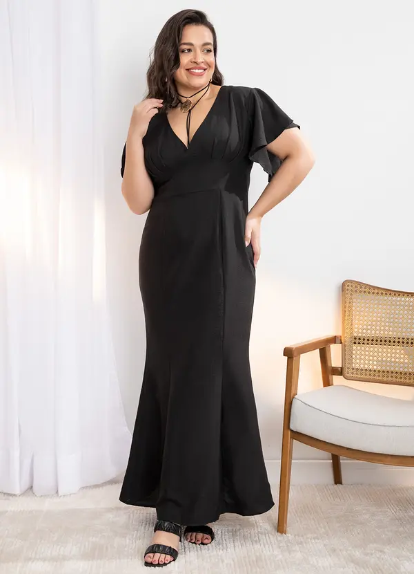 Quintess - Vestido Longo Preto em Tecido Plano Texturizado 4