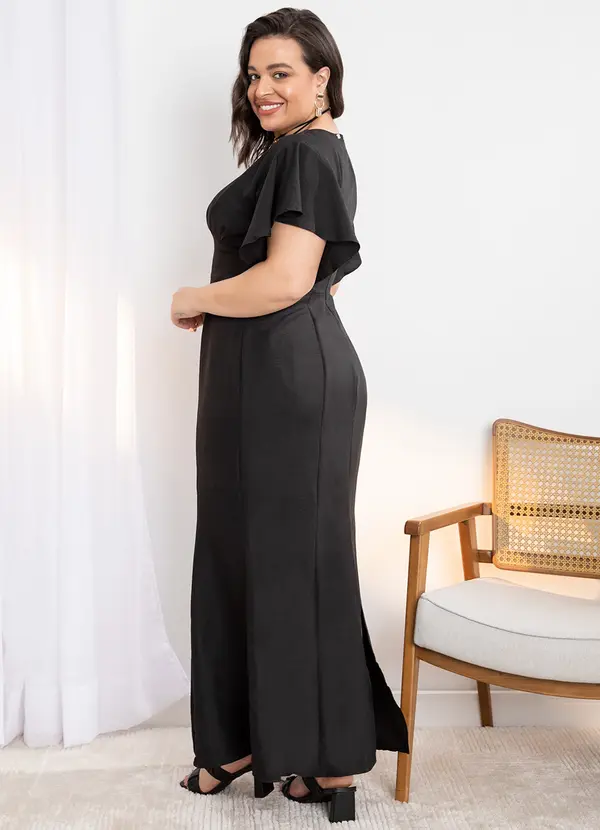 Quintess - Vestido Longo Preto em Tecido Plano Texturizado 5