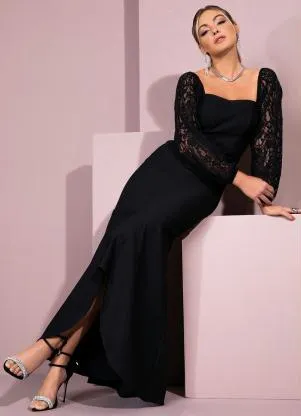 Quintess - Vestido Longo Preto Mangas em Renda - QUINTESS