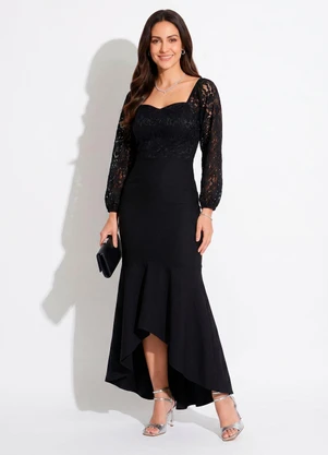 Quintess - Vestido Longo Preto Mangas em Renda - QUINTESS