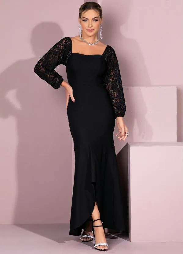 Quintess - Vestido Longo Preto Mangas em Renda 4
