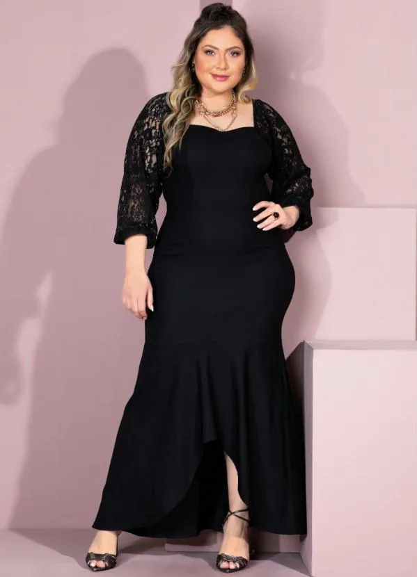 Quintess - Vestido Longo Preto Mangas em Renda 7