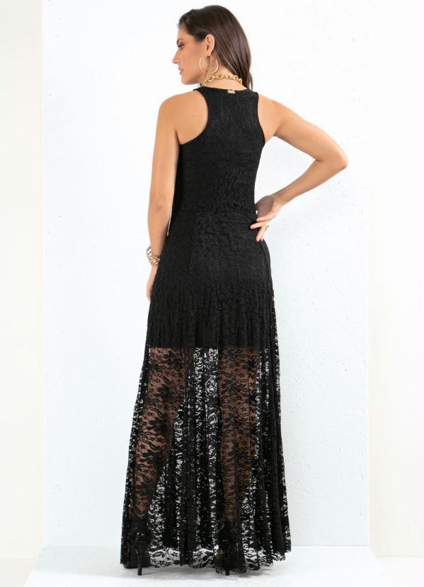 Quintess - Vestido Longo Preto Rendado com Transparência 2