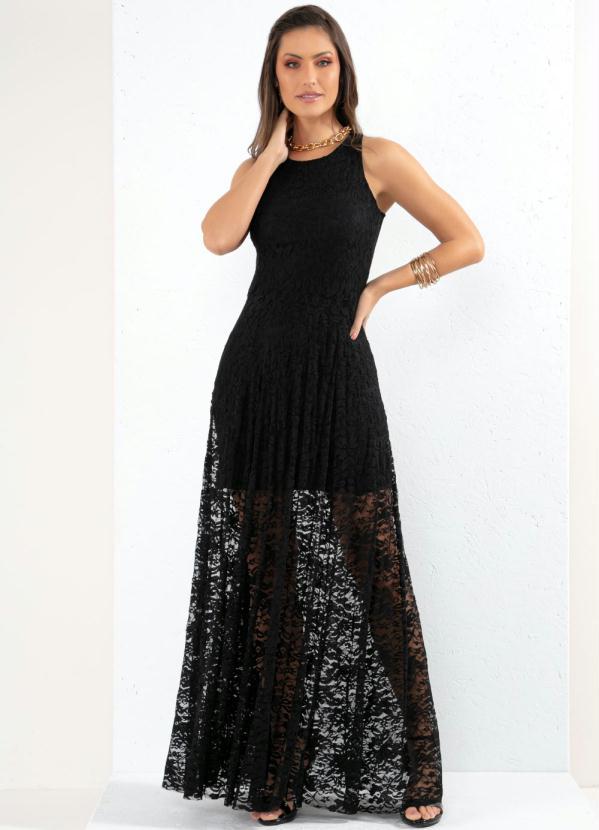 Quintess - Vestido Longo Preto Rendado com Transparência 3