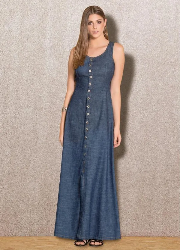 Quintess - Vestido Longo Quintess Jeans Escuro com Botões 2