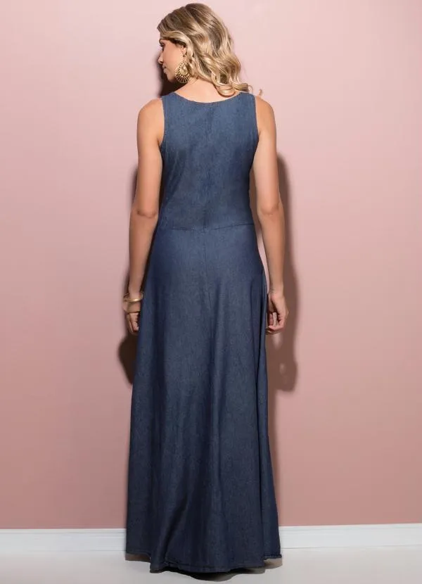 Quintess - Vestido Longo Quintess Jeans Escuro com Botões 3