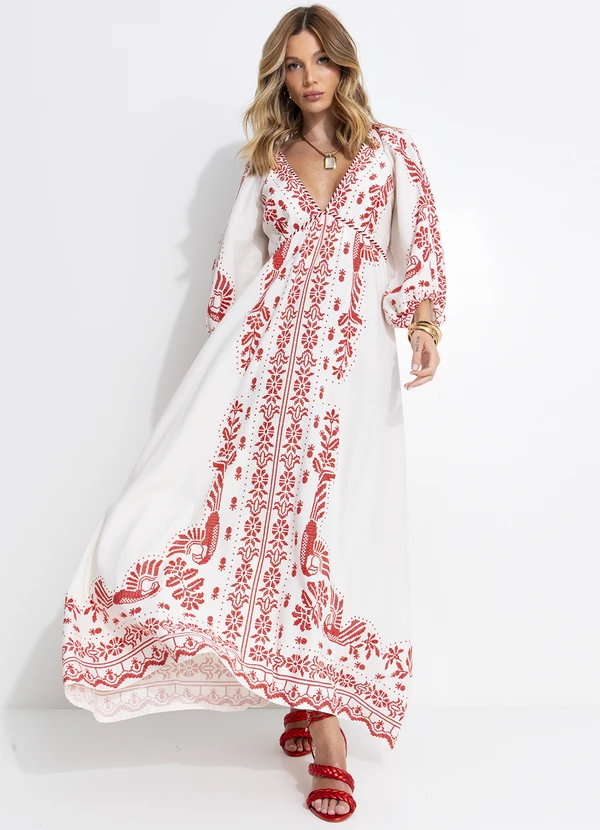 Farm - Vestido Longo Relicário Tropical Off White