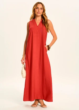 Doce Trama - Vestido Longo Reto com Botões e Bolsos Vermelho - DOCE TRAMA