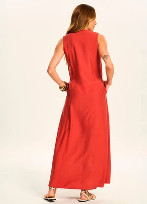 Doce Trama - Vestido Longo Reto com Botões e Bolsos Vermelho - DOCE TRAMA