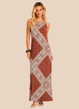 Doce Trama - Vestido Longo Reto de Alça Estampado Marrom - DOCE TRAMA