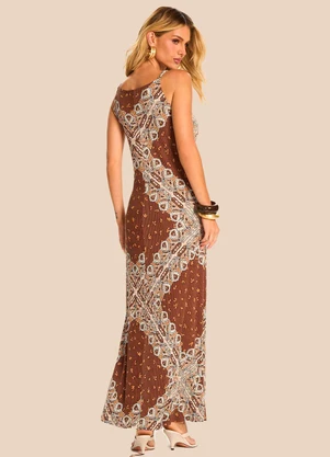 Doce Trama - Vestido Longo Reto de Alça Estampado Marrom - DOCE TRAMA