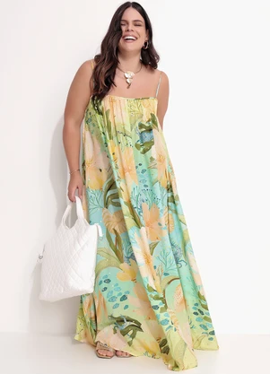 Farm - Vestido Longo Reto em Viscose Verde - FARM