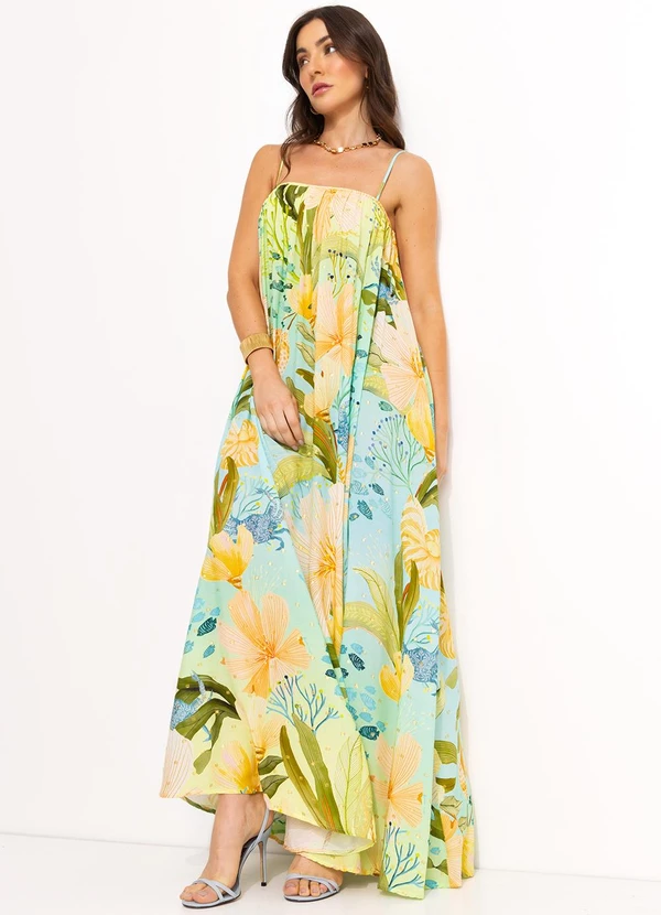 Farm Vestido Longo Reto em Viscose Verde