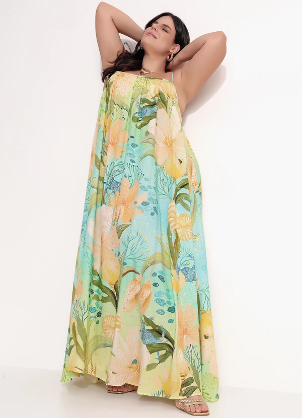 Farm - Vestido Longo Reto em Viscose Verde 10