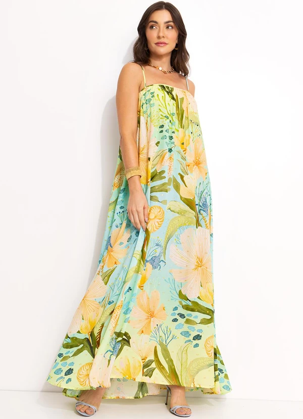 Farm - Vestido Longo Reto em Viscose Verde 3