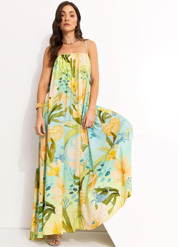 Farm - Vestido Longo Reto em Viscose Verde 4