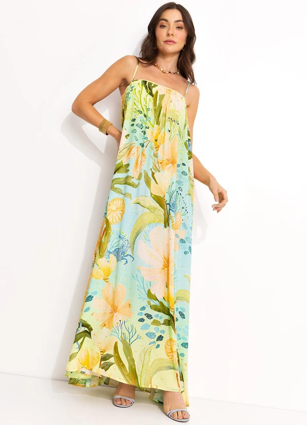 Farm - Vestido Longo Reto em Viscose Verde 6