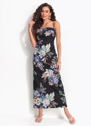 Farm - Vestido Longo Reto Floral Leni Preto - FARM