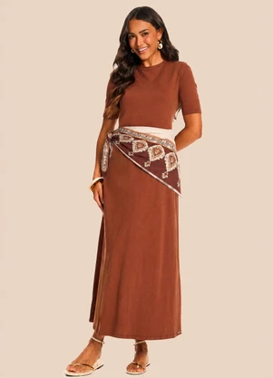 Doce Trama - Vestido Longo Reto Manga Curta Miragem Marrom - DOCE TRAMA