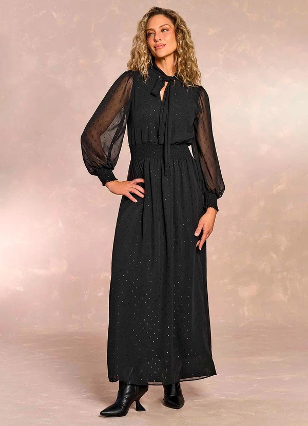 Doce Trama - Vestido Longo Retrô Glam em Plano Chiffon Preto
