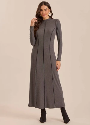 Doce Trama - Vestido Longo Retrô Glam em Ribana Cinza - DOCE TRAMA