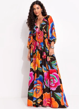 Farm - Vestido Longo Rosas Pintadas Marrom - FARM