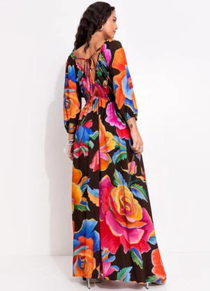 Farm - Vestido Longo Rosas Pintadas Marrom - FARM