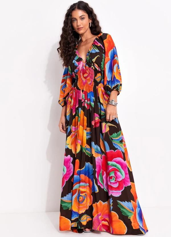 Farm - Vestido Longo Rosas Pintadas Marrom