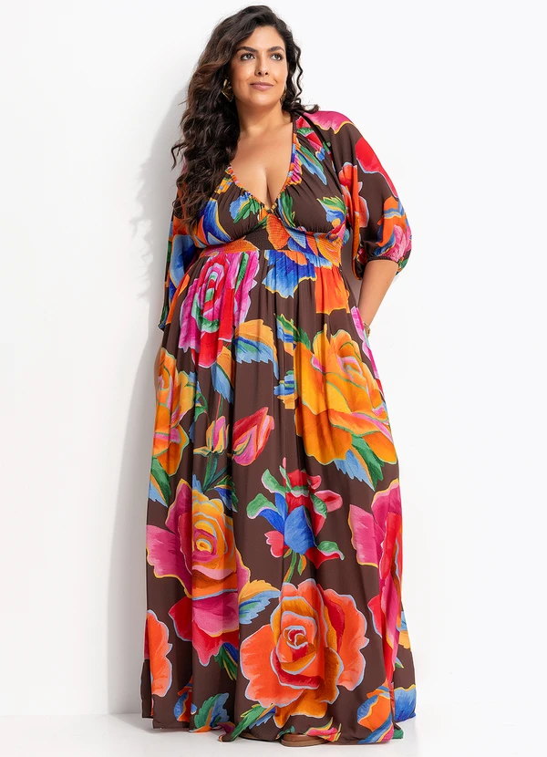 Farm - Vestido Longo Rosas Pintadas Marrom 10