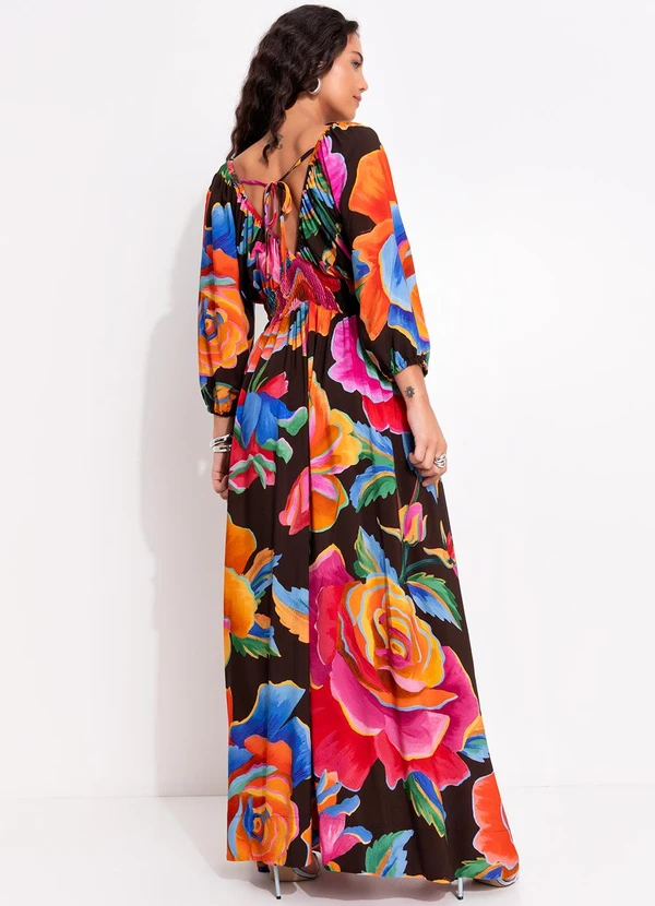 Farm - Vestido Longo Rosas Pintadas Marrom 2