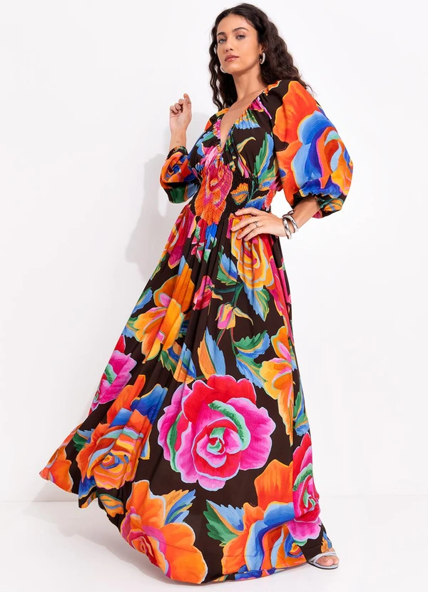 Farm - Vestido Longo Rosas Pintadas Marrom 3