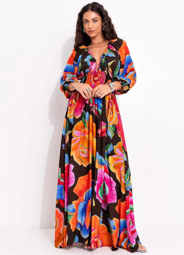 Farm - Vestido Longo Rosas Pintadas Marrom 4