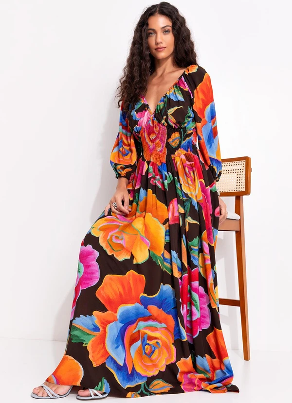 Farm - Vestido Longo Rosas Pintadas Marrom 6