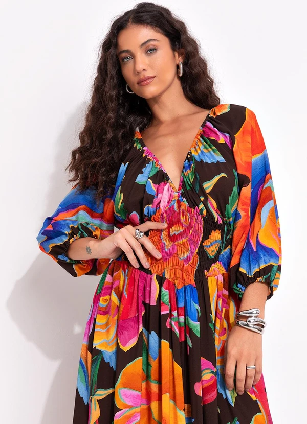 Farm - Vestido Longo Rosas Pintadas Marrom 7