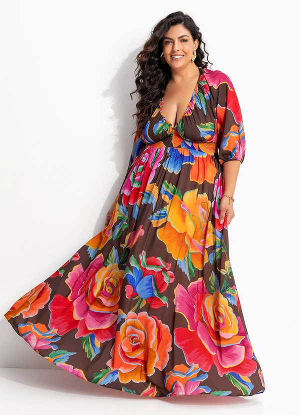 Farm - Vestido Longo Rosas Pintadas Marrom 8