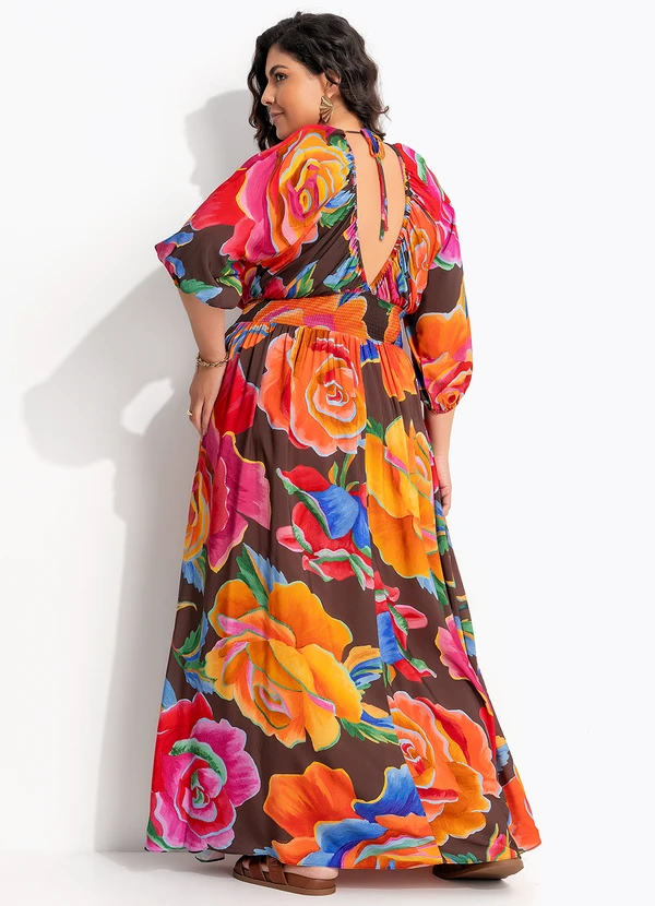 Farm - Vestido Longo Rosas Pintadas Marrom 9