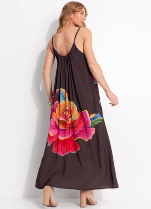 Farm - Vestido Longo Rosas Pintadas Marrom - FARM