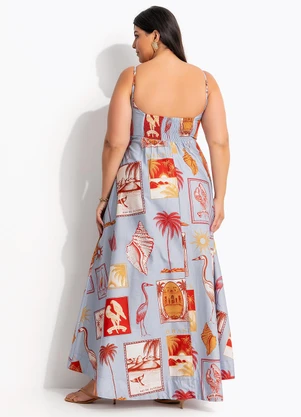 Farm - Vestido Longo Selo Tropical Azul - FARM