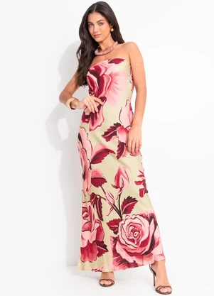 Farm - Vestido Longo sem Alça Rosas Pintadas Verde - FARM