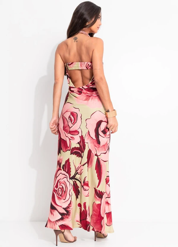 Farm - Vestido Longo sem Alça Rosas Pintadas Verde 2